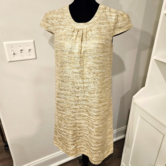 Kate Spade Dorothy Shift Dress Size 0 Starlight Gold Tweed Bow Event Formal Silk - Picture 1 of 16
